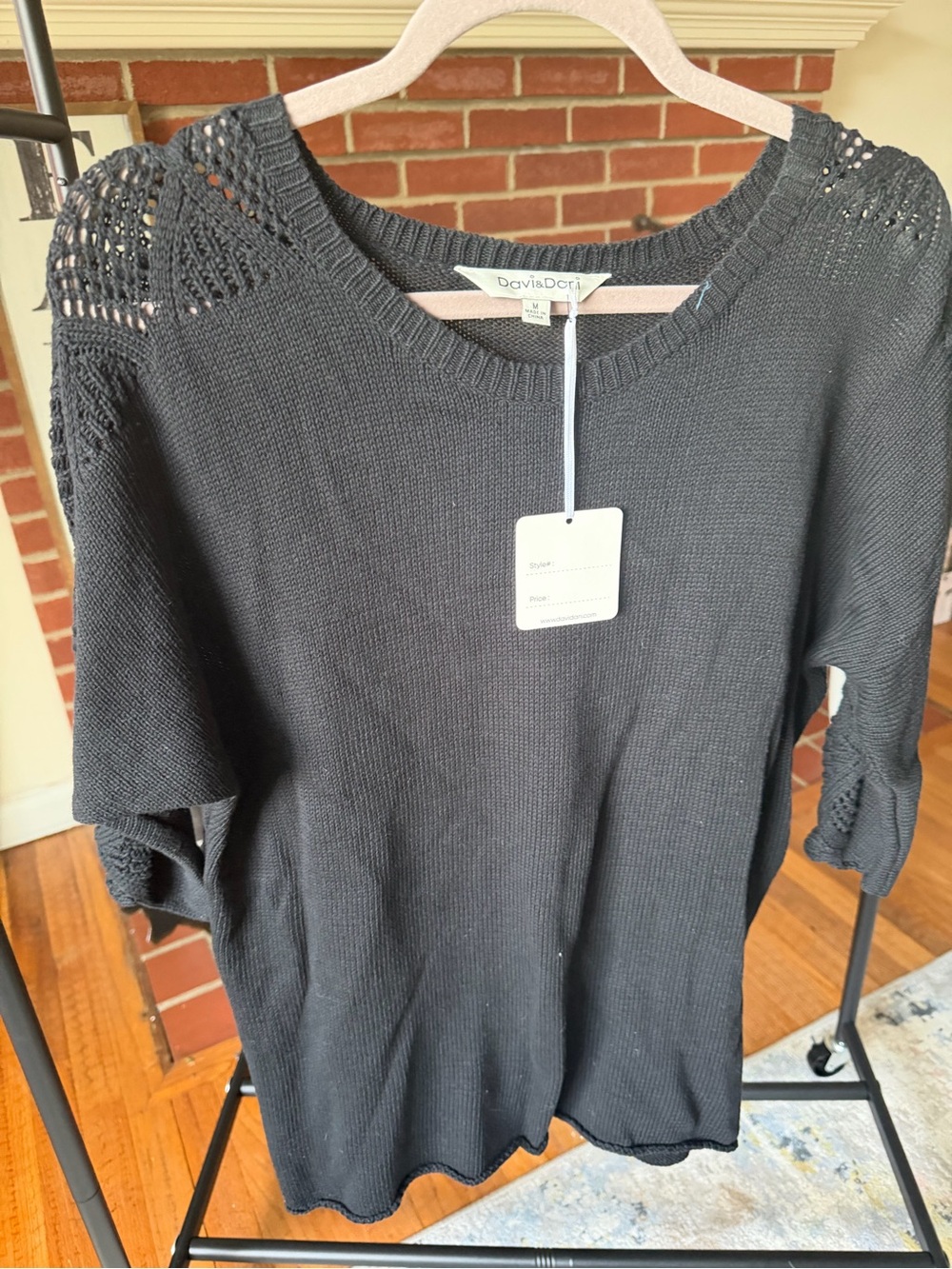 DAVI & DANI Black Crochet-Shoulder Scoop Neck Sweater
